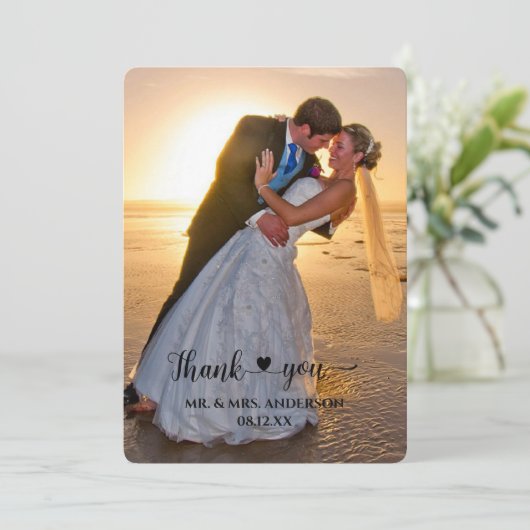 Hartschrift Confetti Terug Foto bruiloft Dank u Bedankkaart (Staand voorkant)