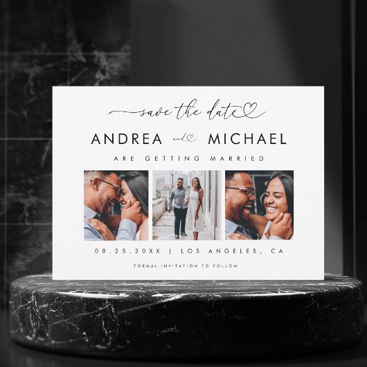 Hartscript & 3 foto collage romantische trouwkaart save the date