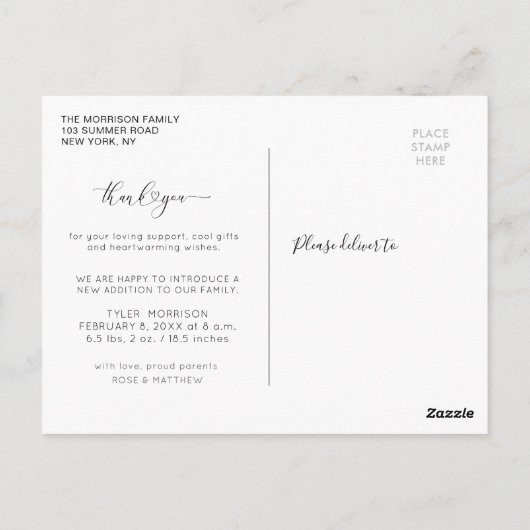 hartscriptgeboortenaankondiging - dank u de kaart (Achterkant)