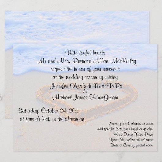 Hartslag in de Zandstrand bruiloft Kaart (Voorkant / Achterkant)