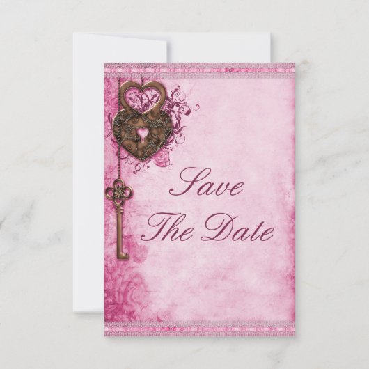 Hartslot & Key Roze Bruiloft Bewaar de datum Save The Date (Voorkant)