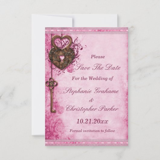 Hartslot & Key Roze Bruiloft Bewaar de datum Save The Date (Achterkant)