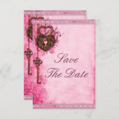 Hartslot & Key Roze Bruiloft Bewaar de datum Save The Date (Voorkant / Achterkant)