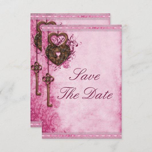 Hartslot & Key Roze Bruiloft Bewaar de datum Save The Date (Voorkant / Achterkant)