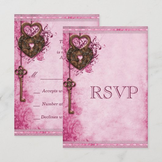 Hartslot & Key Roze Bruiloft RSVP (Voorkant / Achterkant)