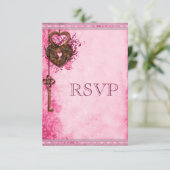 Hartslot & Key Roze Bruiloft RSVP Kaartje (Staand voorkant)