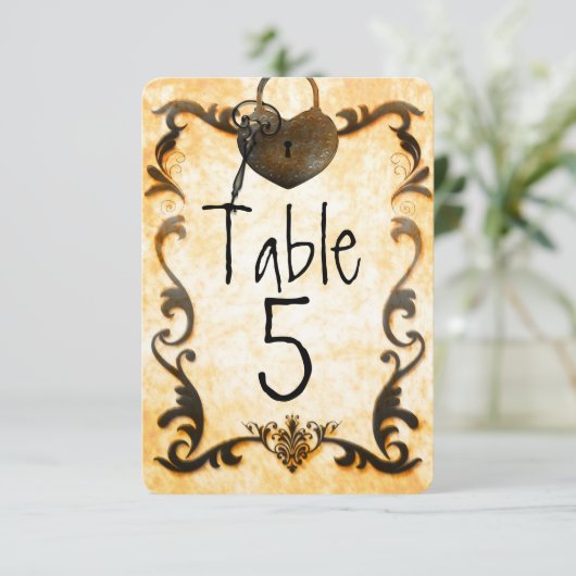 Hartslot & Key Vintage Trouwtafel Nummer Kaart (Staand voorkant)