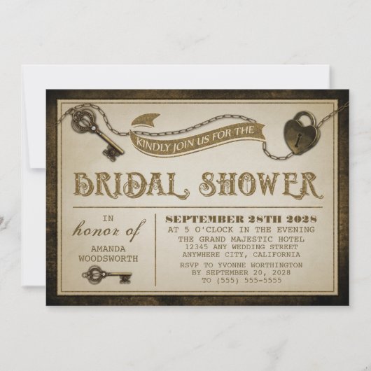 Hartslot Skelet Key Bridal Shower Uitnodigingen (Voorkant)