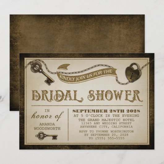 Hartslot Skelet Key Bridal Shower Uitnodigingen (Voorkant / Achterkant)