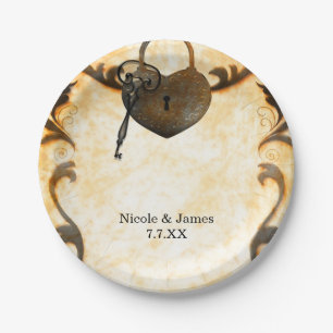 Hartslot & Sleutel  Antiek Bruiloft Borden Papieren Bordje