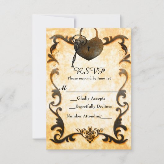 Hartslot & Sleutel  Antiek RSVP-Kaart RSVP Kaartje (Voorkant)