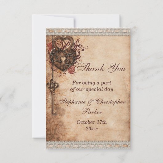  hartslot & sleutel bruiloft dank u bedankkaart (Achterkant)