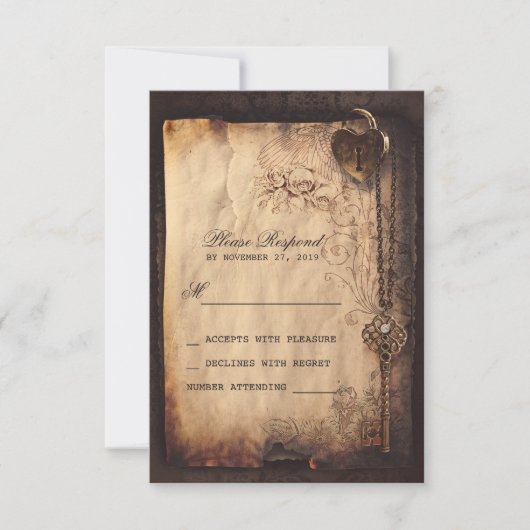 Hartslot & sleutel vintage bruiloft RSVP kaarten (Voorkant)