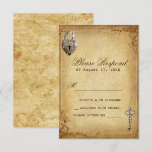 Hartslot & sleutel vintage trouw skeletsleutel RSVP kaartje