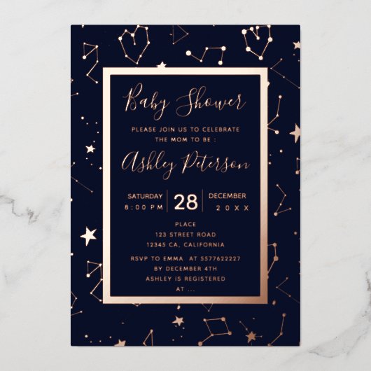 Hartsterren marineblauw baby shower folie uitnodiging (Voorkant)