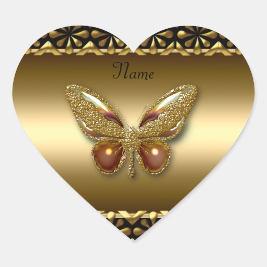 Hartsticker Goud Op Gouden Vlinder Hart Sticker (Voorkant)