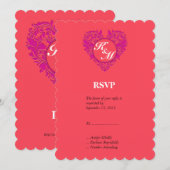 Hartstochtelijk framboos en magenta damast hart kaart (Voorkant / Achterkant)