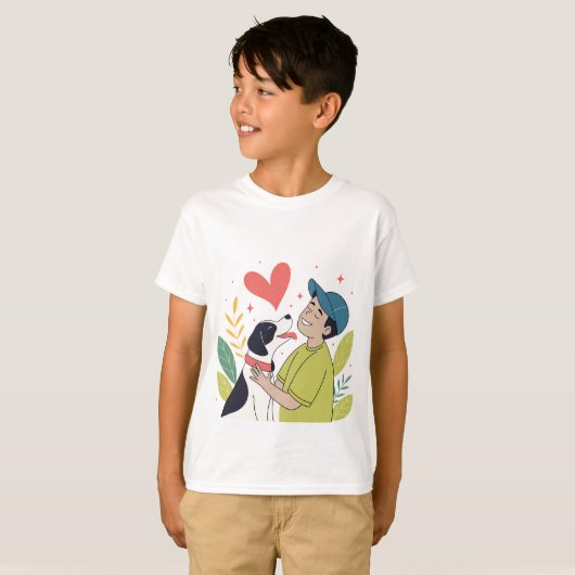 Hartverwarmende jongen knuffelen hond T-shirt (Voorkant volledig)