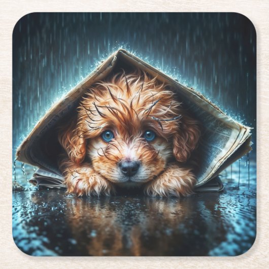 Hartverwarmende natte hond bij stormachtig weer kartonnen onderzetters (Voorkant)