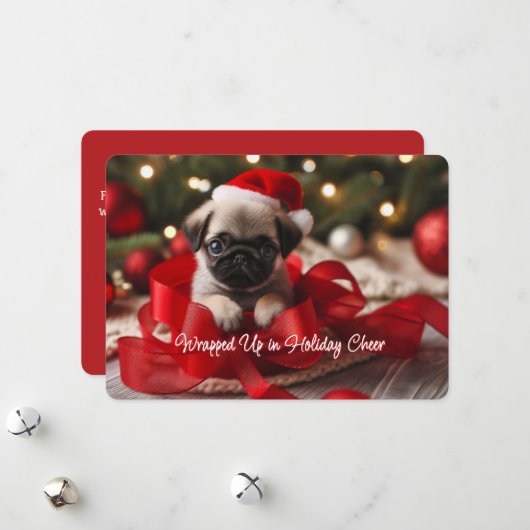 Hartverwarmende Pug Puppie Plat Kerstkaart (Voorkant / Achterkant in situ)