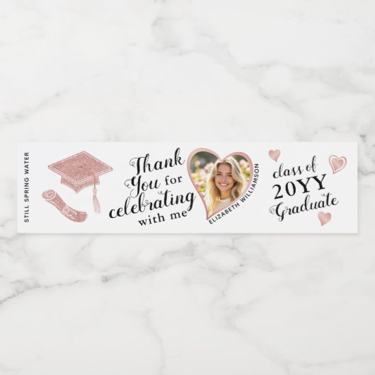 Hartvorm Foto Elegant Afstuderen Dank u Waterfles Etiket (Enkel label)