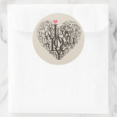 Hartvorm uit letters ronde sticker (Tas)