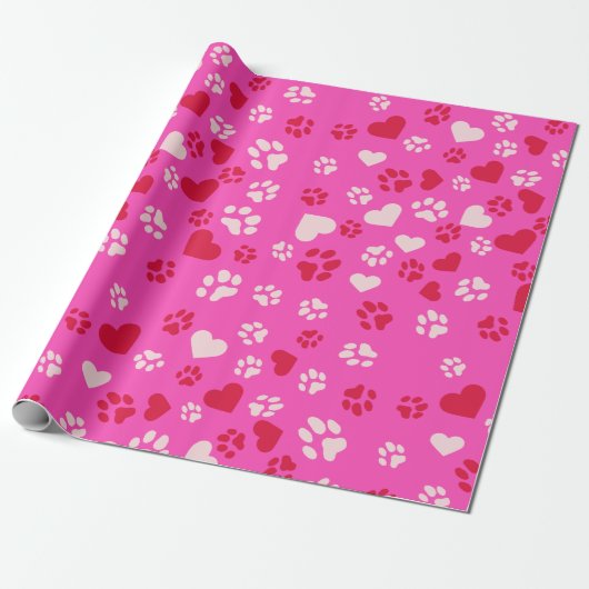 Hartvormen & Cat Paw Prints Crimson & Soft Pink Cadeaupapier (Uitgerold)