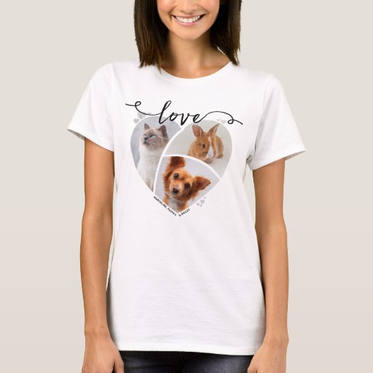 Hartvormig 3 Pet Photo Collage & Love Script T-shirt (Voorkant)