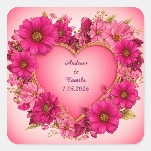 Hartvormig bloemframe met roze bloesems vierkante sticker (Voorkant)