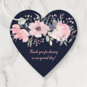 Hartvormig Blush Roze Bloemen op Navy Bruiloft | Bedankjes Labels (Voorkant)