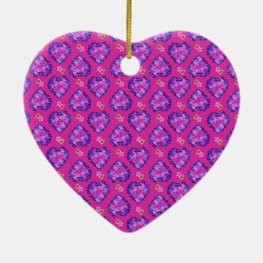Hartvormig Ornament, magenta, hart en bloemen Keramisch Ornament (Achterkant)
