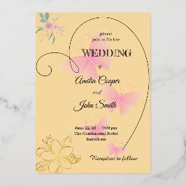 Hartvormig randje, bloemig, vlinderontwerp folie uitnodiging