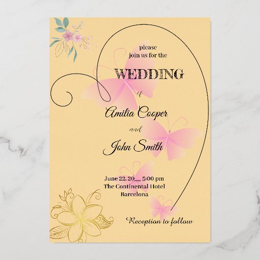 Hartvormig randje, bloemig, vlinderontwerp folie uitnodiging (Voorkant)