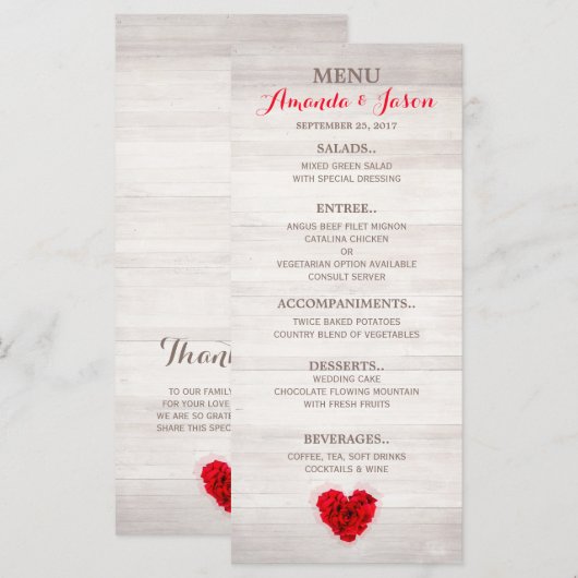 Hartvormig Rode roos bruiloft menu hhn01 (Voorkant / Achterkant)