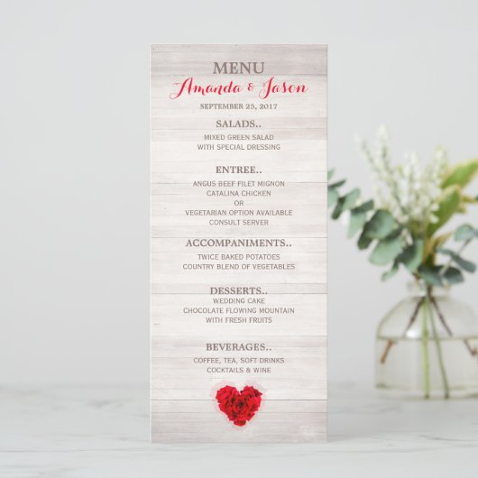 Hartvormig Rode roos bruiloft menu hhn01 (Staand voorkant)