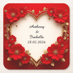 Hartvormig rood bloemenframe met glitters kartonnen onderzetters