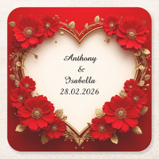 Hartvormig rood bloemenframe met glitters kartonnen onderzetters (Voorkant)