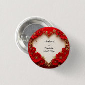 Hartvormig rood bloemenframe met glitters ronde button 3,2 cm (Voorkant /achterkant)