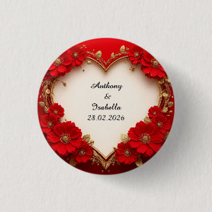 Hartvormig rood bloemenframe met glitters ronde button 3,2 cm
