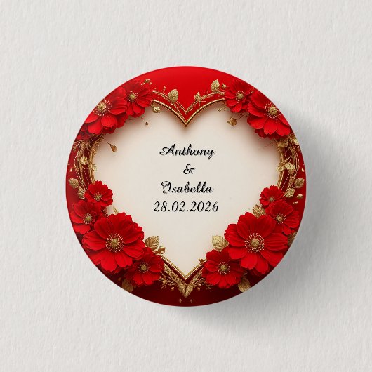 Hartvormig rood bloemenframe met glitters ronde button 3,2 cm (Voorkant)
