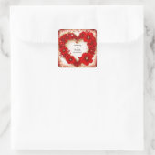 Hartvormig rood bloemenframe met glitters vierkante sticker (Tas)