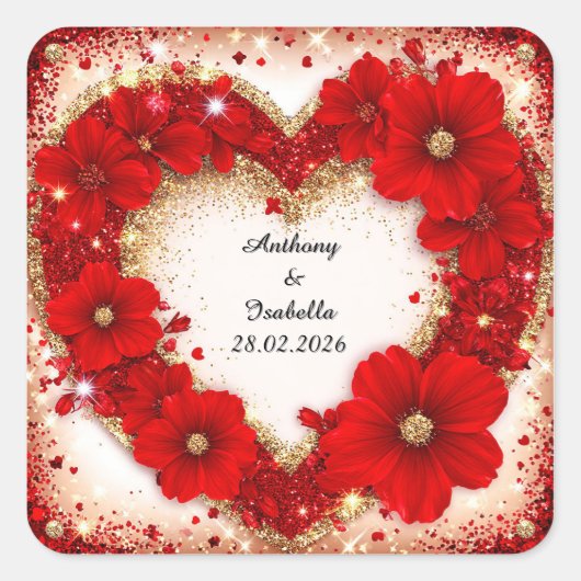 Hartvormig rood bloemenframe met glitters vierkante sticker (Voorkant)