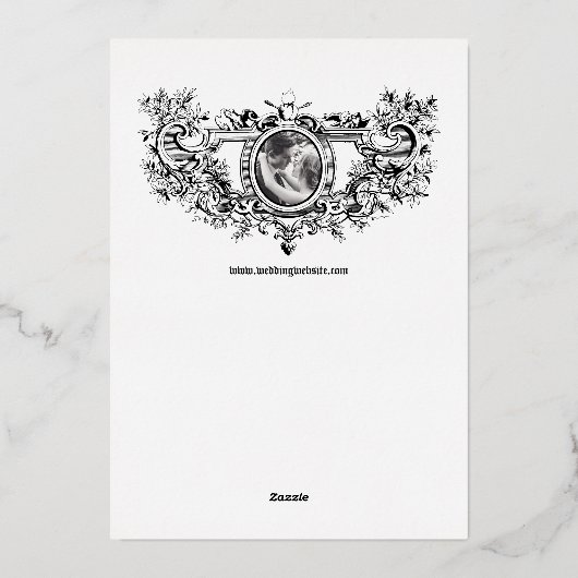 Hartvormig Roos Cartouche & Cherub Paar Folie Uitnodiging (Achterkant)