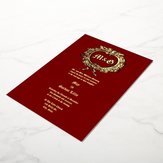 Hartvormig Roos Cartouche & Cherub Paar Folie Uitnodiging (Gedraaid)