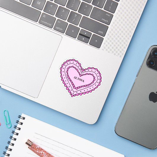Hartvormig Roze Naam Sticker voor Meisjes (Laptop met iPhone)