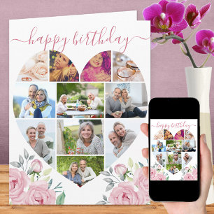 Hartvormige 11 foto collage roze pioen verjaardag kaart