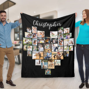 Hartvormige 36 foto collage script naam zwart fleece deken
