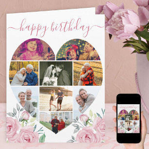 Hartvormige 9 foto collage Roze Pioen Verjaardag Kaart