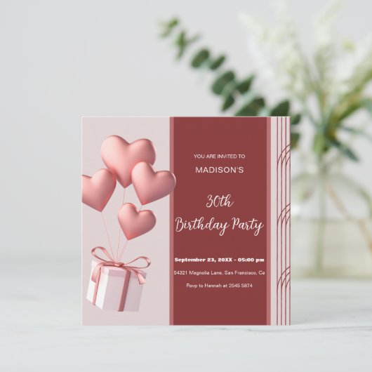 Hartvormige ballonnen Verjaardagsuitnodiging Kaart (Staand voorkant)