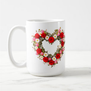 Hartvormige bloemenkrans Rozen Margrieten Tulpen Koffiemok
